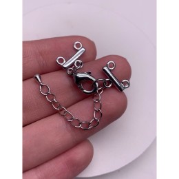 Карабин, замочек на многорядное украшение, (2 ряда), родий/латунь, под серебро, с удлинителем 5 см, цена за шт