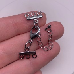 Карабин, замочек на многорядное украшение, (3 ряда), родий/латунь, под серебро, с удлинителем 4,5 см, подвеска капля, цена за шт