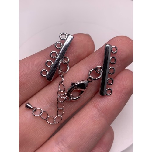 Карабин, замочек на многорядное украшение, (5 рядов), родий/латунь, под серебро, с удлинителем 5 см, цена за шт