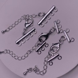 Карабин, замочек на многорядное украшение, (3 ряда), родий/латунь, под серебро, с удлинителем 4,5 см, подвеска капля, цена за шт