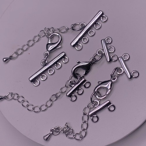 Карабин, замочек на многорядное украшение, (5 рядов), родий/латунь, под серебро, с удлинителем 5 см, цена за шт