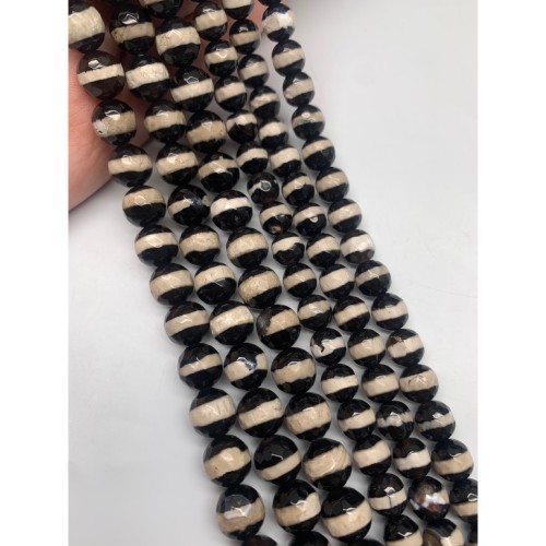 Каменные бусины, Дзи медицины (здоровья), Агат чёрный, глянцевый, шарик огранка, 9,5-10 мм, длина нити 38 см