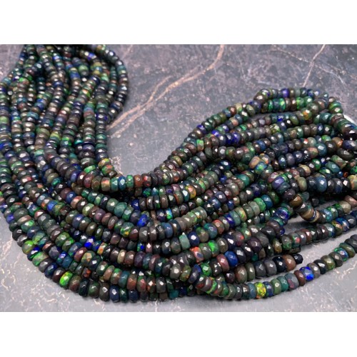 Каменные бусины, Опал, черный Эфиопский, экстра люкс, рондель огранка, переходный размер от 4х2 мм до 3х2 мм, нить 40 см