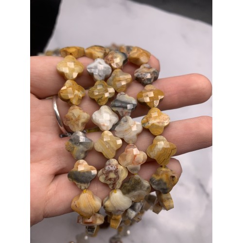 Каменные бусины, Агат кружевной, (Crazy Agate), клевер, в огранке, 13х6 мм, длина нити 19 см, 15 бусин