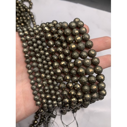 Каменные бусины, Пирит, огранка, шарик 9.5-10 мм, длина нити 38 см