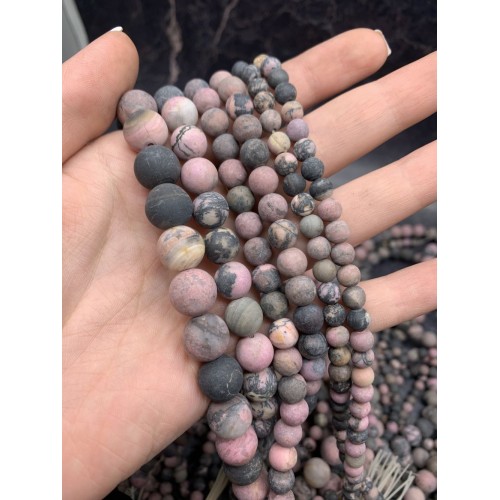 Каменные бусины, Родонит, Дендритовый, матовый, шарик гладкий, 10 мм, нить 38 см