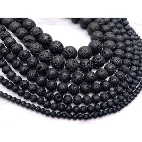 Каменные бусины, вулканическая лава черная, шарик гладкий, 8-8,5 мм, длина 38 см