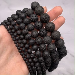 Каменные бусины, вулканическая лава черная, шарик гладкий, 6-6,5 мм, длина нити 38 см