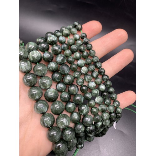Каменные бусины, Серафинит, Клинохлор, люкс, шарик гладкий, размер 10 мм, длина нити 19 см