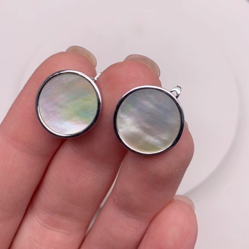 Швензы, круг, вставка перламутр, родий/латунь, цвет серебро, размер 16х11,5 мм