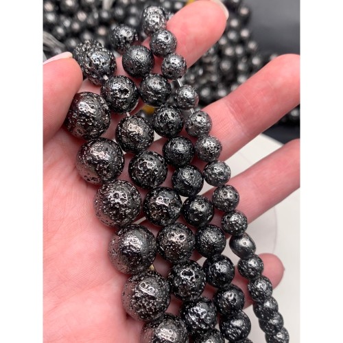 Каменные бусины, Вулканическая лава металлизированная, цвет тёмное серебро, 10 мм, нить 38 см