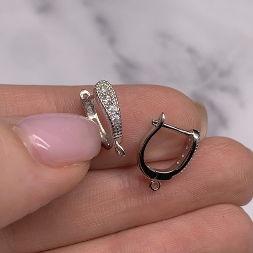 Швензы с фианитами, родированное серебро 925 пробы, 15х10 мм, цена за пару