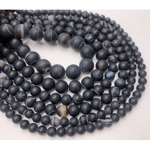 Каменные бусины, Агат, чёрный, матовый, с полосками, шарик гладкий, 12 мм, длина нити 38 см
