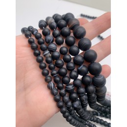Каменные бусины, Агат, чёрный, матовый, с полосками, шарик гладкий, 10 мм, нить 37 см