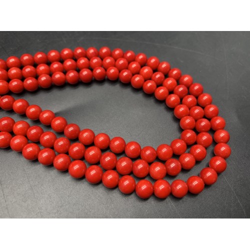 Каменные бусины, Коралл, красный, тонированный, шарик гладкий, 5,5-6 мм, длина нити 38 см