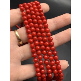 Каменные бусины, Коралл, красный, тонированный, шарик гладкий, 5,5-6 мм, длина нити 38 см