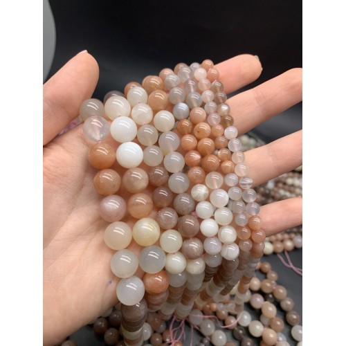 Каменные бусины, Лунный + Солнечный камень, микс, шарик, гладкий, 12 мм, длина нити 19 см