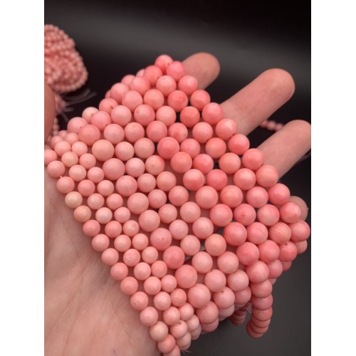 Каменные бусины, Коралл, розовый, тонированный, шарик гладкий, 8 мм, нить 38 см