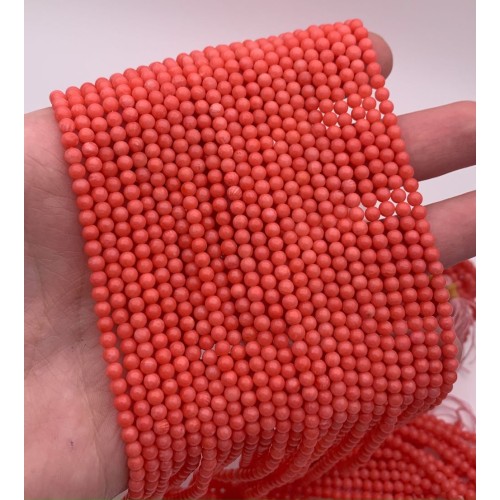 Каменные бусины, Коралл, оранжевый, (лососевый), тонированный, шарик гладкий, 3 мм, длина нити 38 см