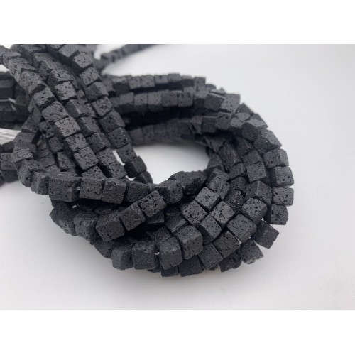 Каменные бусины, Вулканическая лава, черная, кубик 6х6 мм, длина нити 38 см