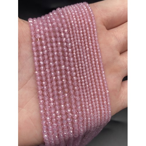 Каменные бусины, Цирконий кубический, (т.н. Циркон), розовый кристалл, шарик огранка, 3 мм, длина нити 37 см