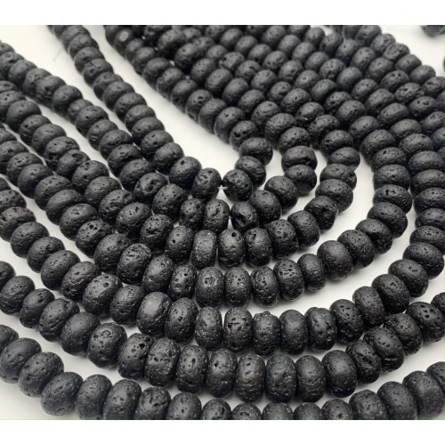 Каменные бусины, Вулканическая лава, черная, бублик, 5х8 мм, длина нити 38 см