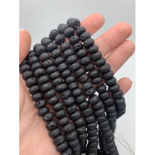 Каменные бусины, Вулканическая лава, черная, бублик, 5х8 мм, длина нити 38 см