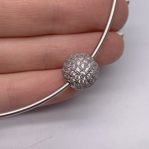 Бусина со стразами (цирконами), латунь, цвет родий (серебро), 12 мм