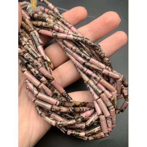 Каменные бусины, Родонит, дендритовый, трубочки, 13х4 мм, длина нити 38 см