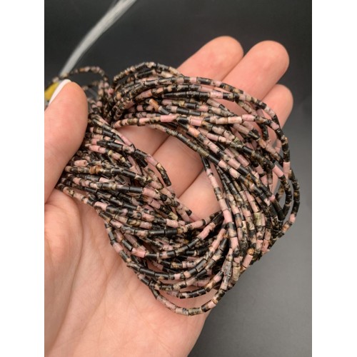 Каменные бусины, Родонит, дендритовый, трубочки, 4х2 мм, длина нити 38 см