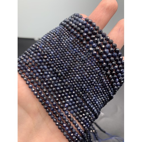 Каменные бусины, Сапфир, Корунд, люкс, шарик огранка, 3 мм, длина нити 38 см
