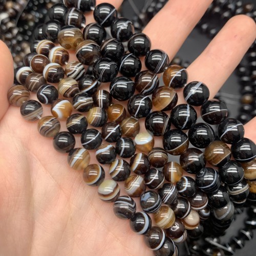 Каменные бусины, Агат, люкс, чёрно-коричневый, с полосками, шарик, гладкий, 10 мм, длина нити 38 см
