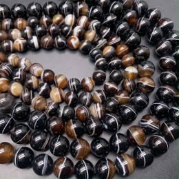 Каменные бусины, Агат, люкс, чёрно-коричневый, с полосками, шарик, гладкий, 8 мм, длина нити 38 см