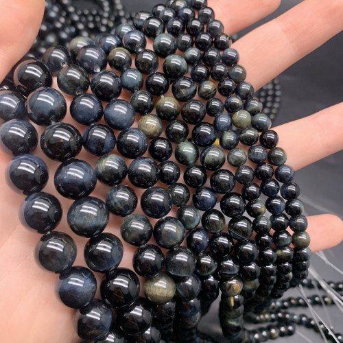 Каменные бусины, Соколиный глаз, синий, шарик, гладкий, 6 мм, длина нити 38 см