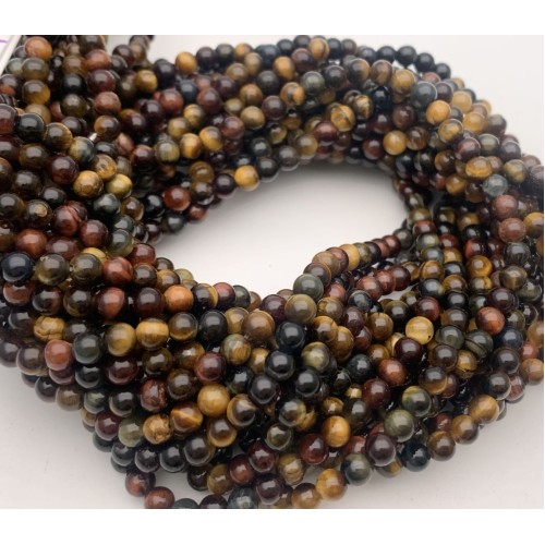 Каменные бусины, Глазковый микс ( Тигровый глаз, бычий глаз, соколиный глаз), 4 мм, шарик гладкий, нить 38 см