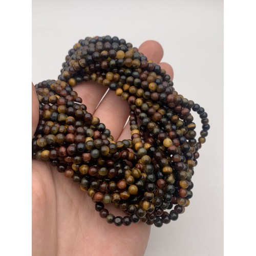 Каменные бусины, Глазковый микс ( Тигровый глаз, бычий глаз, соколиный глаз), 4 мм, шарик гладкий, нить 38 см
