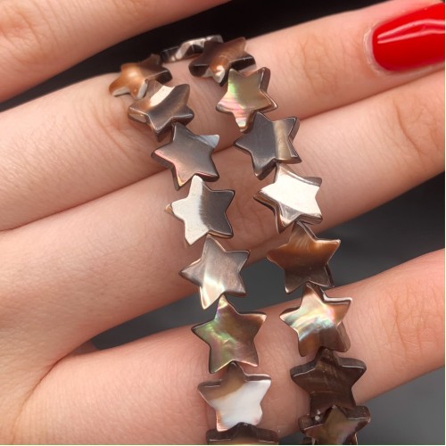 Каменные бусины, Перламутр шоколадный, тонированный, звездочки, 10 мм, длина нити 38 см