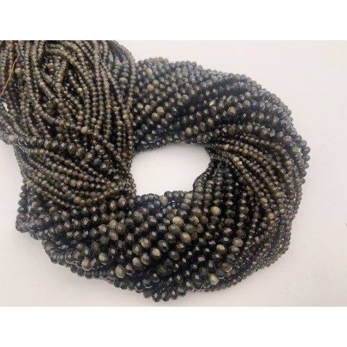 Каменные бусины, Обсидиан, золотой, рондель огранка, 2х3 мм, длина нити 38 см