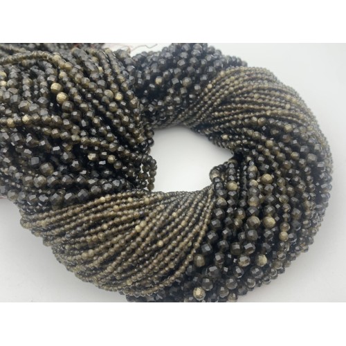 Каменные бусины, Обсидиан, золотой, шарик огранка, 3 мм, длина нити 38 см