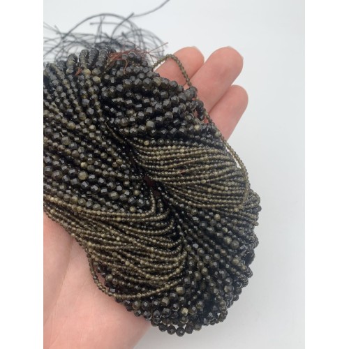 Каменные бусины, Обсидиан, золотой, шарик огранка, 2 мм, длина нити 38 см