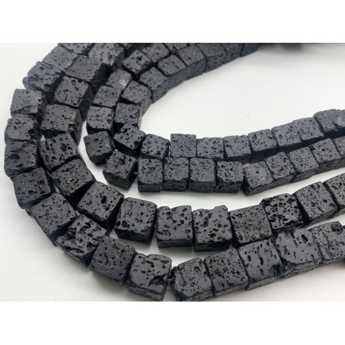 Каменные бусины, Вулканическая лава, черная, кубик 10х10 мм, длина нити 38 см