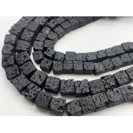 Каменные бусины, Вулканическая лава, черная, кубик 8х8 мм, длина нити 38 см