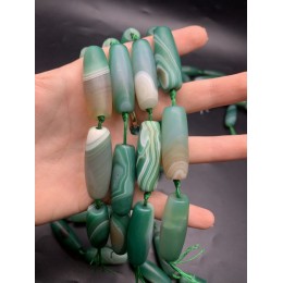 Каменные бусины, Дзи природные, Агат, зелёный, тонированный, матовый, 40х13 мм, 8 штук на нити