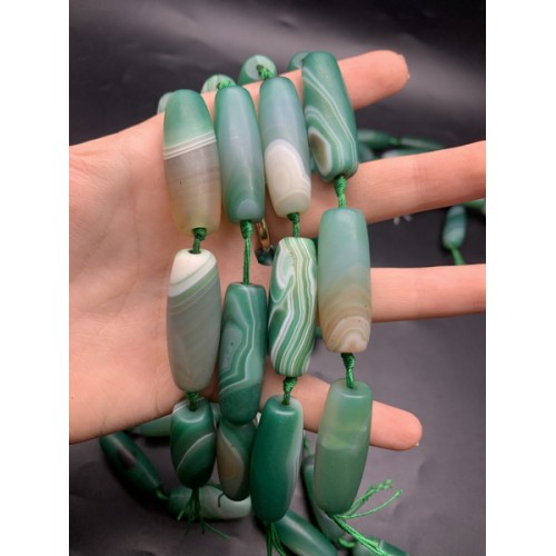 Каменные бусины, Дзи природные, Агат, зелёный, тонированный, матовый, 40х13 мм, 8 штук на нити