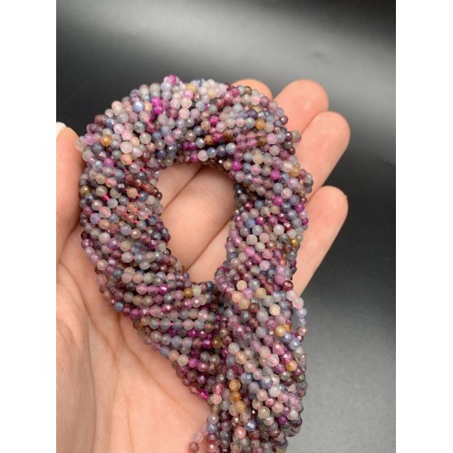 Каменные бусины, Микс Корундов, (Сапфир, Рубин, Падпараджа, Наждак), люкс, шарик огранка, 3 мм, нить 38 см