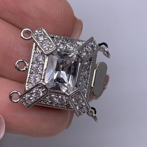 Застёжка, замочек многорядный, с фианитами, цвет родий, 19х17 мм