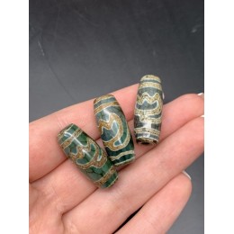 Бусина Дзи "333", Лотос, Агат, зелёный, тонированный, состаренный, кракле, 30х11 мм, цена за 1 бусину