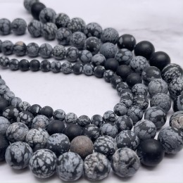 Каменные бусины, Обсидиан снежный, матовый, шарик гладкий, 12 мм, длина нити 38 см