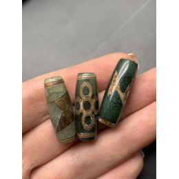 Бусина Дзи "336", Гаруда молния, Агат, зелёный, тонированный, состаренный, кракле, 30х10 мм, цена за 1 бусину