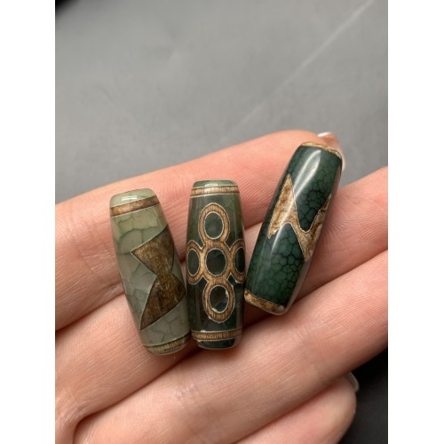 Бусина Дзи "336", Гаруда молния, Агат, зелёный, тонированный, состаренный, кракле, 30х10 мм, цена за 1 бусину